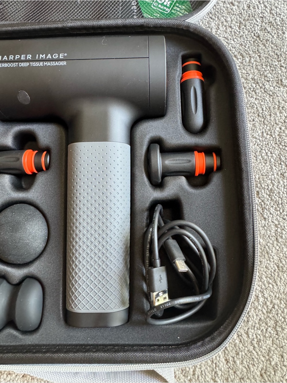 Sharper Image Gray and Black Percussion Massage Gun with Orange Accents - Picture 4 of 6